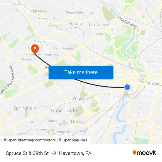 Spruce St & 39th St to Havertown, PA map
