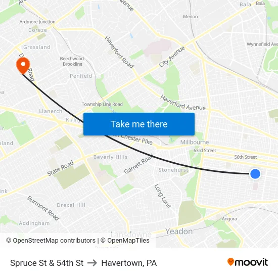 Spruce St & 54th St to Havertown, PA map