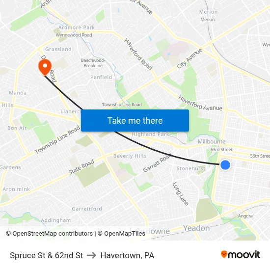 Spruce St & 62nd St to Havertown, PA map