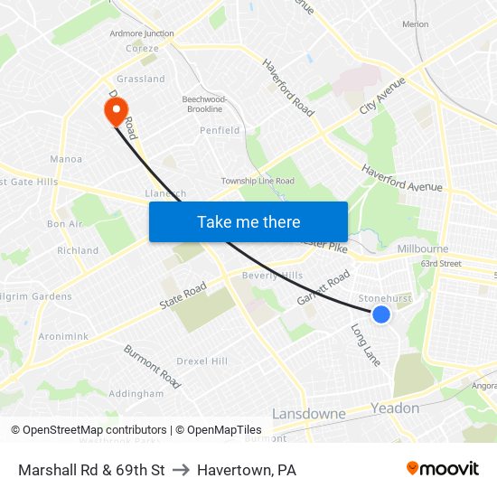 Marshall Rd & 69th St to Havertown, PA map