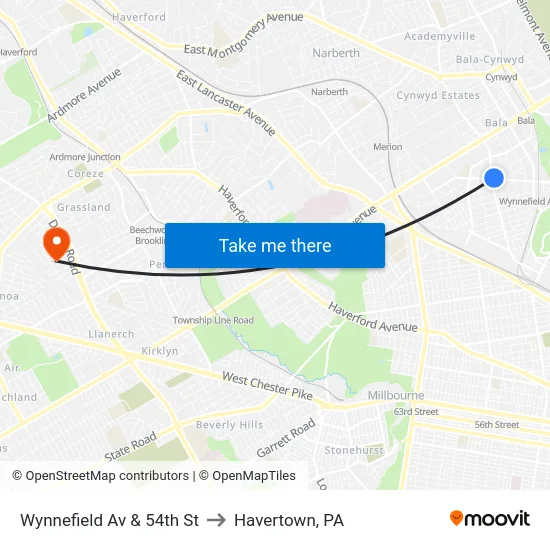 Wynnefield Av & 54th St to Havertown, PA map