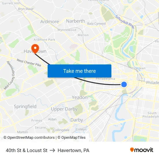 40th St & Locust St to Havertown, PA map