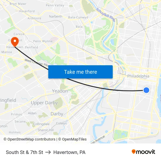 South St & 7th St to Havertown, PA map