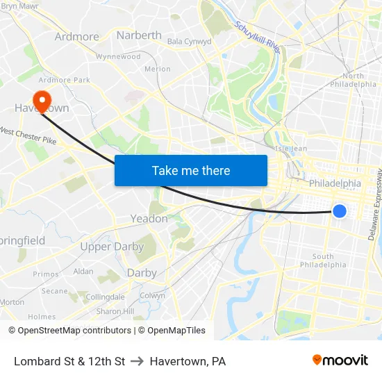 Lombard St & 12th St to Havertown, PA map