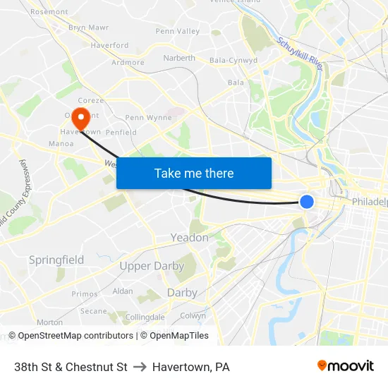 38th St & Chestnut St to Havertown, PA map