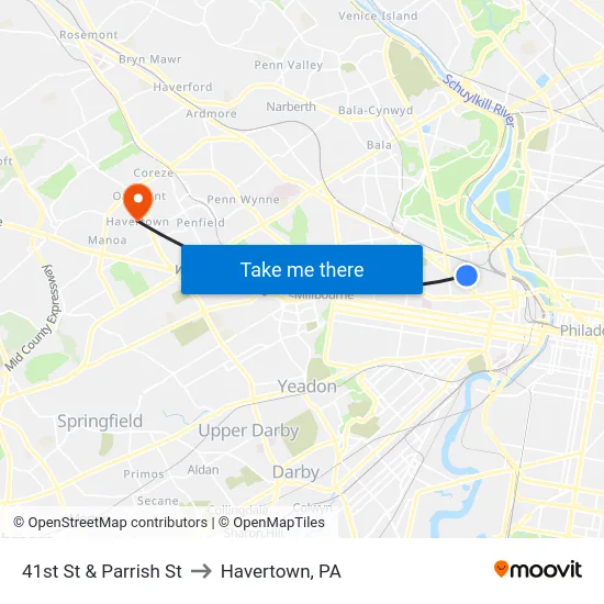 41st St & Parrish St to Havertown, PA map