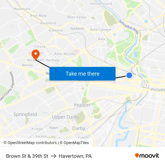Brown St & 39th St to Havertown, PA map