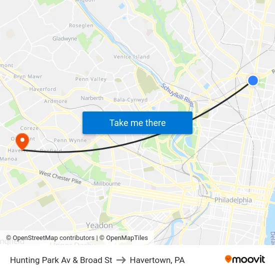 Hunting Park Av & Broad St to Havertown, PA map