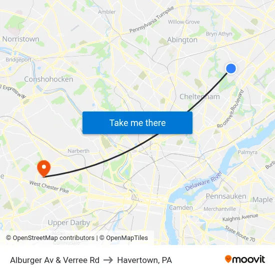 Alburger Av & Verree Rd to Havertown, PA map
