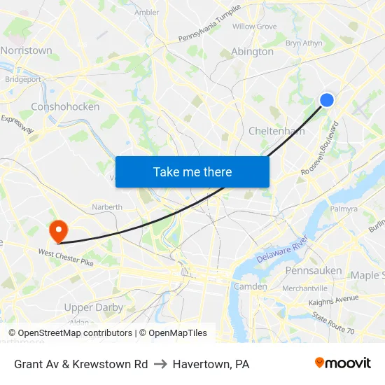 Grant Av & Krewstown Rd to Havertown, PA map