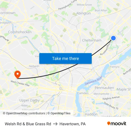 Welsh Rd & Blue Grass Rd to Havertown, PA map