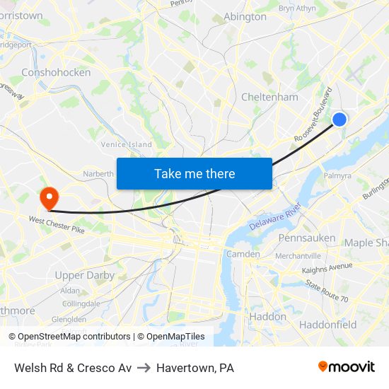 Welsh Rd & Cresco Av to Havertown, PA map
