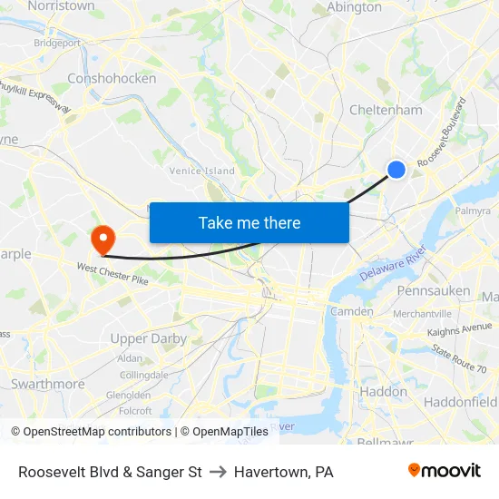 Roosevelt Blvd & Sanger St to Havertown, PA map