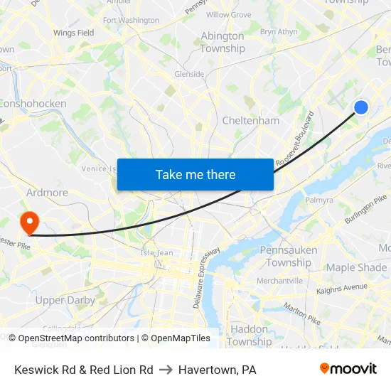 Keswick Rd & Red Lion Rd to Havertown, PA map