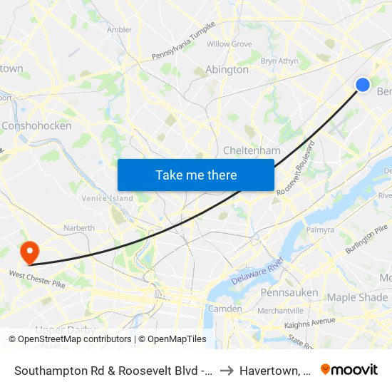 Southampton Rd & Roosevelt Blvd - FS to Havertown, PA map