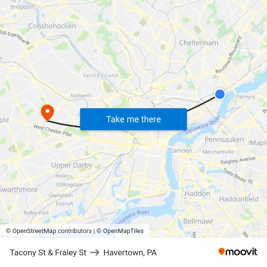 Tacony St & Fraley St to Havertown, PA map