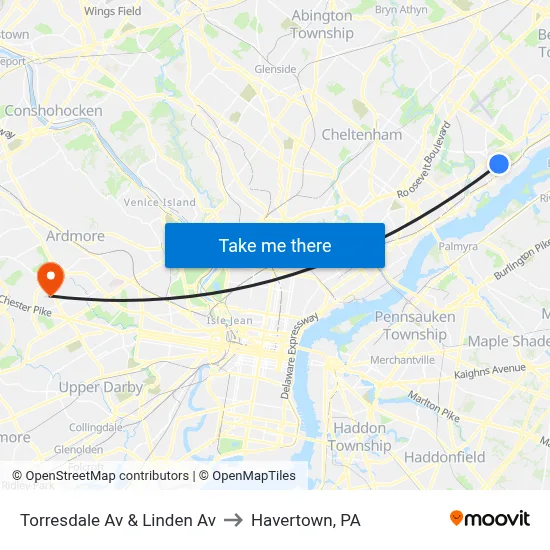Torresdale Av & Linden Av to Havertown, PA map