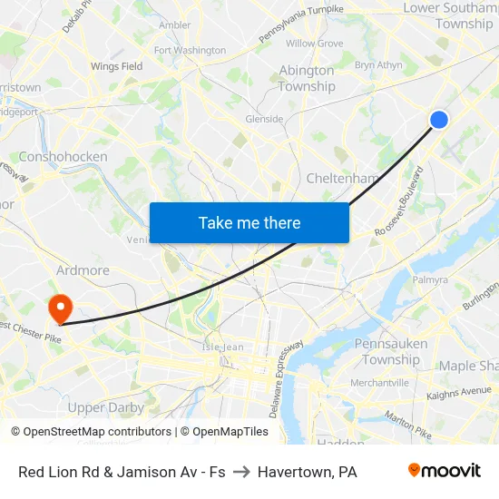 Red Lion Rd & Jamison Av - Fs to Havertown, PA map