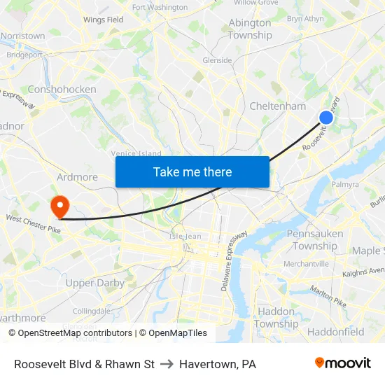 Roosevelt Blvd & Rhawn St to Havertown, PA map