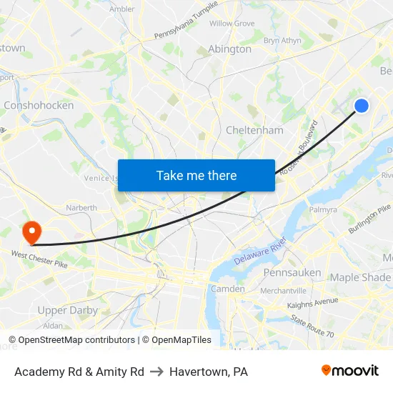 Academy Rd & Amity Rd to Havertown, PA map