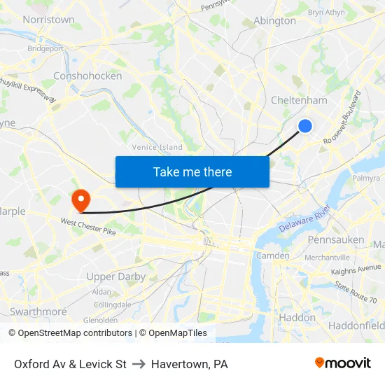 Oxford Av & Levick St to Havertown, PA map