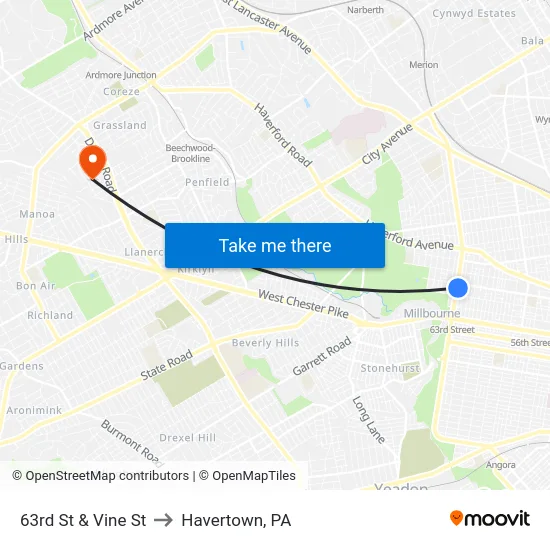 63rd St & Vine St to Havertown, PA map