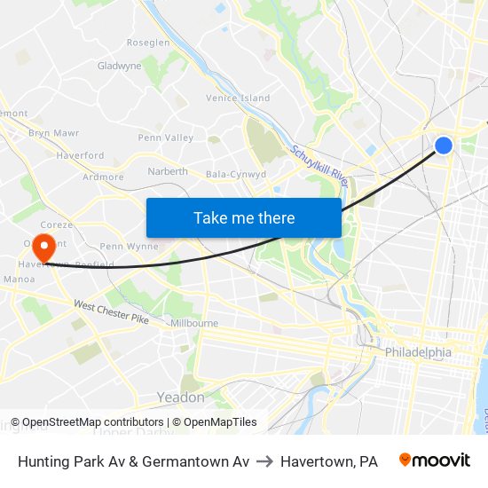 Hunting Park Av & Germantown Av to Havertown, PA map