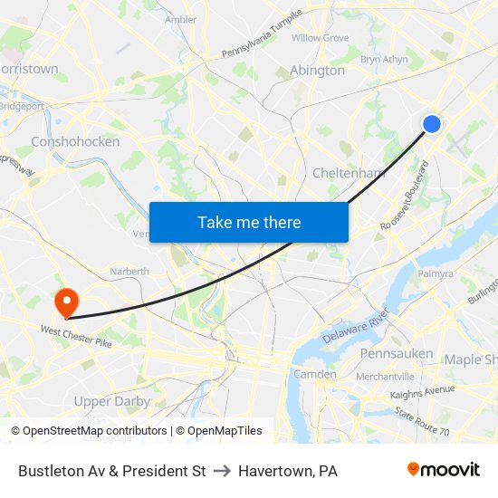 Bustleton Av & President St to Havertown, PA map