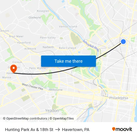 Hunting Park Av & 18th St to Havertown, PA map