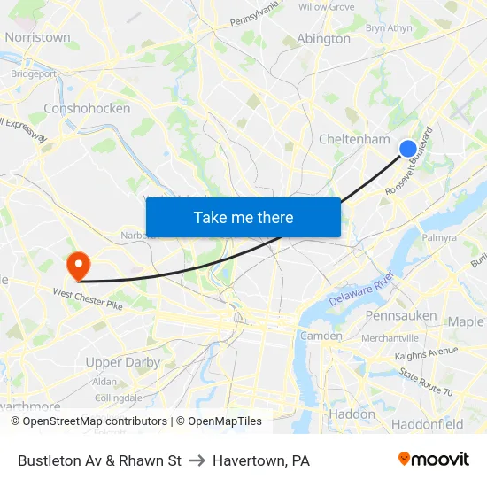 Bustleton Av & Rhawn St to Havertown, PA map