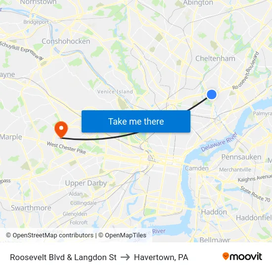 Roosevelt Blvd & Langdon St to Havertown, PA map