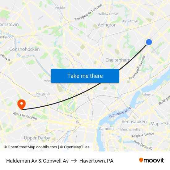 Haldeman Av & Conwell Av to Havertown, PA map