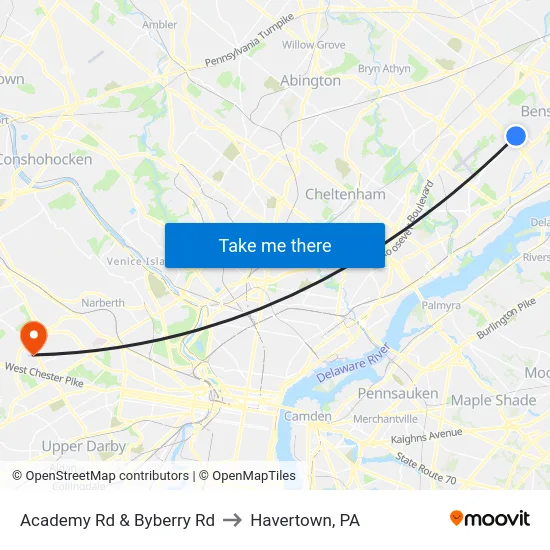 Academy Rd & Byberry Rd to Havertown, PA map
