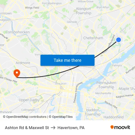 Ashton Rd & Maxwell St to Havertown, PA map