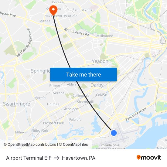 Airport Terminal E F to Havertown, PA map