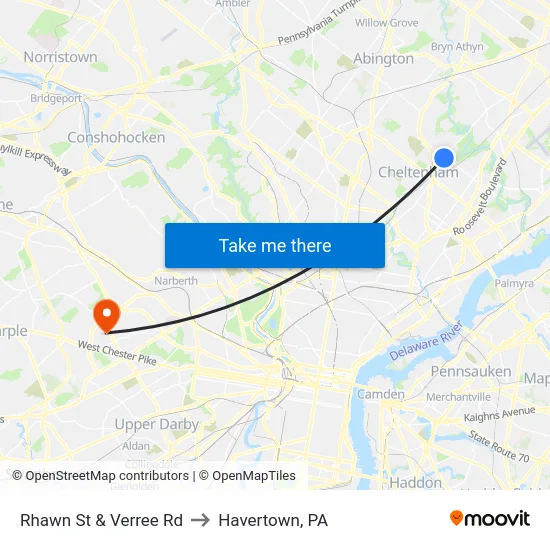Rhawn St & Verree Rd to Havertown, PA map