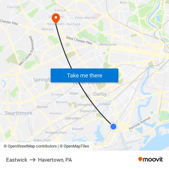 Eastwick to Havertown, PA map