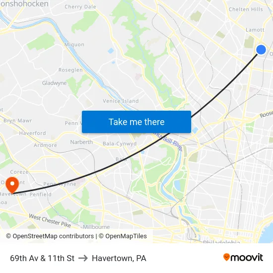 69th Av & 11th St to Havertown, PA map
