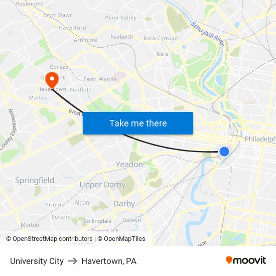 University City to Havertown, PA map