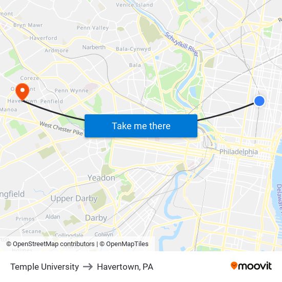 Temple University to Havertown, PA map