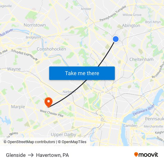 Glenside to Havertown, PA map