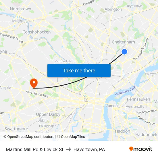 Martins Mill Rd & Levick St to Havertown, PA map