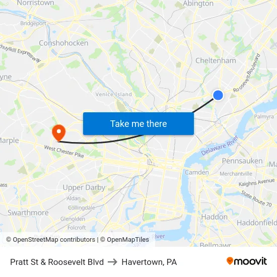 Pratt St & Roosevelt Blvd to Havertown, PA map