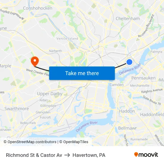 Richmond St & Castor Av to Havertown, PA map