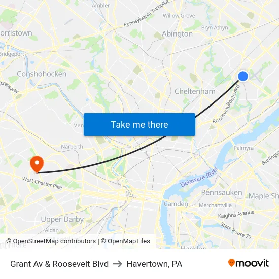 Grant Av & Roosevelt Blvd to Havertown, PA map