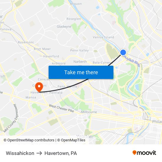 Wissahickon to Havertown, PA map