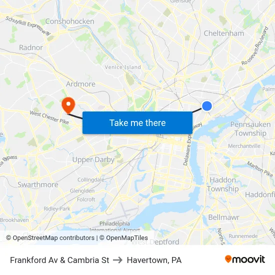 Frankford Av & Cambria St to Havertown, PA map