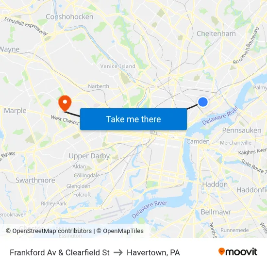 Frankford Av & Clearfield St to Havertown, PA map