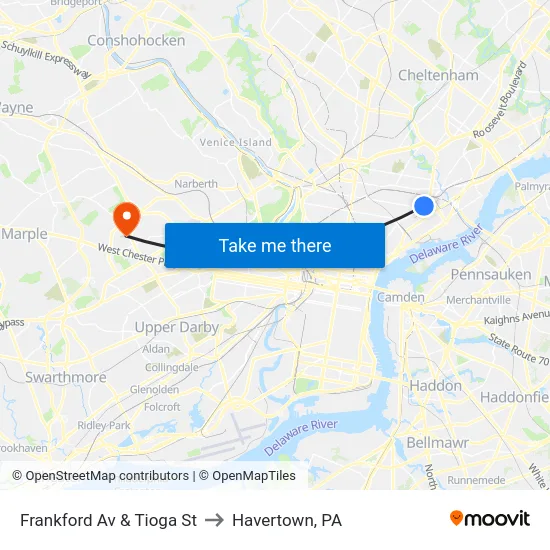 Frankford Av & Tioga St to Havertown, PA map
