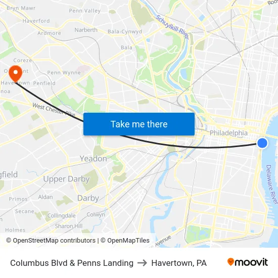 Columbus Blvd & Penns Landing to Havertown, PA map